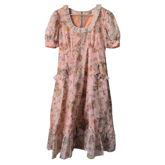 Vintage 50s-60s Empire Waist Dress Lace Pockets Floral Pink Hyper Feminine Girly - Picture 6 of 13